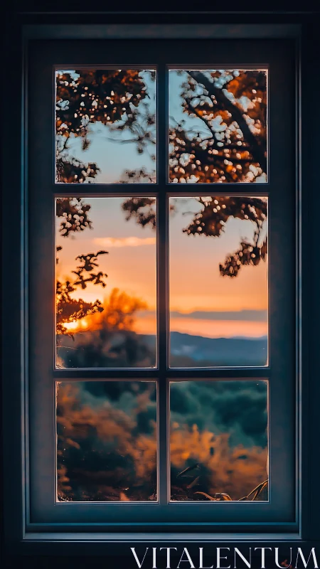 Twilight window mosaic catching ember clouds and quiet hills.