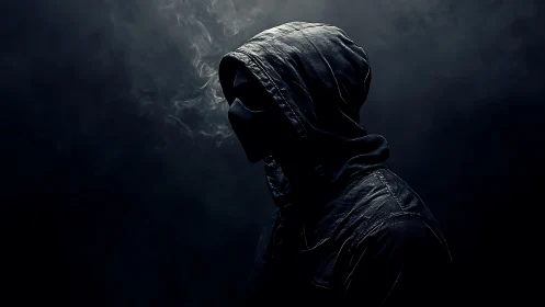 Hooded masked figure in dramatic low key rim lighting profile.