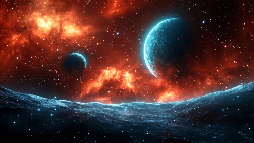 Twin planets rise above an alien sea in blazing cosmic light