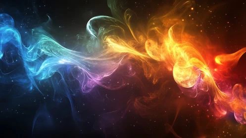 Multicolor abstract nebula streams on dark cosmic background.