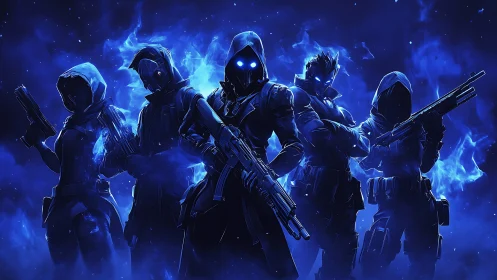 Blue-glowing masked squad of armed futuristic soldiers.