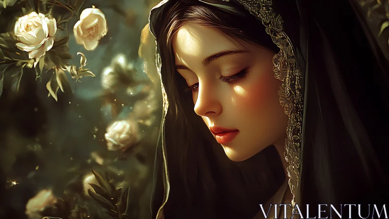 Soft light on a veiled dreamer in a quiet rose garden.