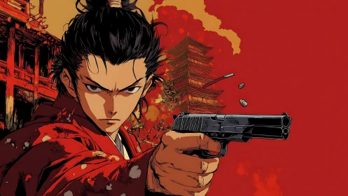 Samurai figure with handgun before red pagoda backdrop.