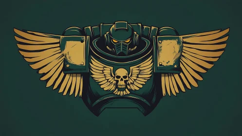 Winged armored helmet emblem with central skull motif.