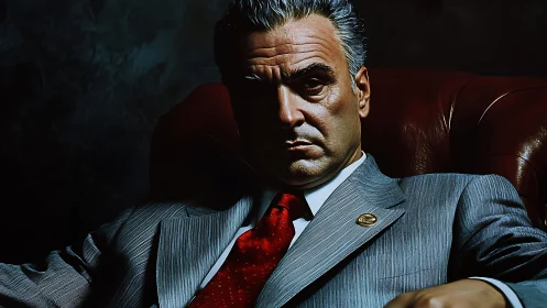 Stoic gentleman in a pinstripe suit resting in shadowed calm.