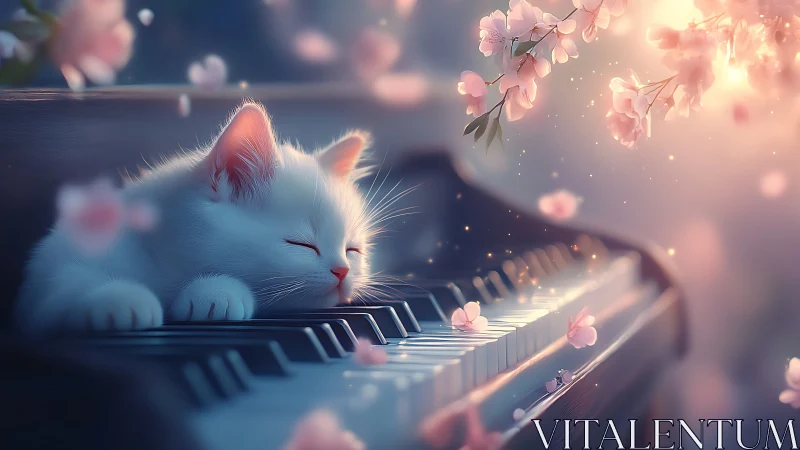 White Cat Playing Piano Among Pink Cherry Blossoms.