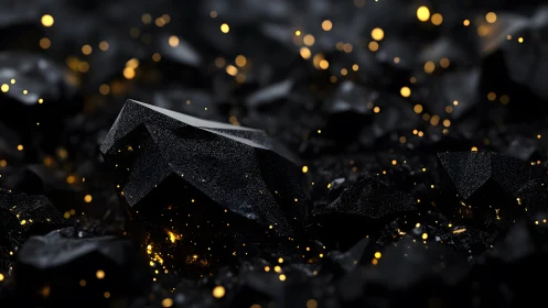 Black crystals with glowing gold particles, abstract macro art style.