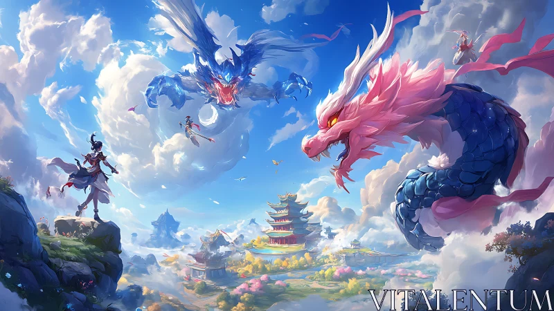 Sky dragons clash above a serene floating temple realm