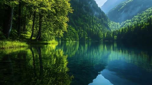 Sunlit forest lake rests quietly beneath misty green peaks
