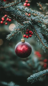 Red glitter ornament suspended on evergreen branch with shallow focus