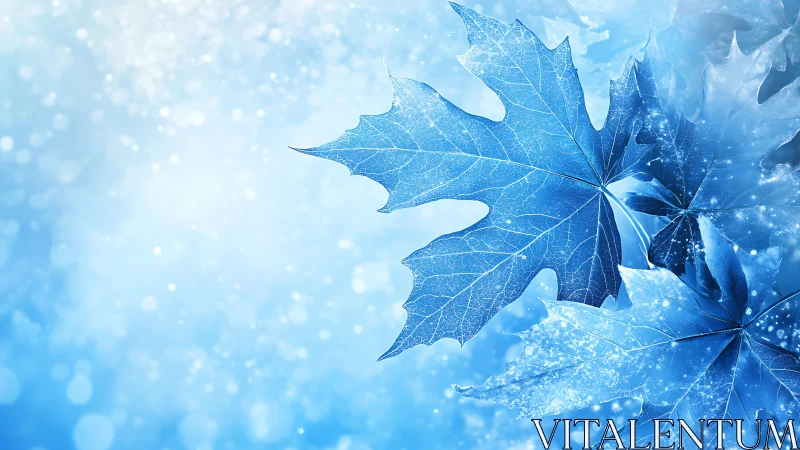 Glacial blue maple leaves rendered as luminous frosted forms