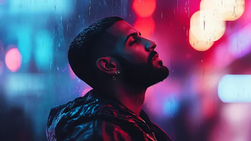 Neon rain prayer under electric city nightfall glow.