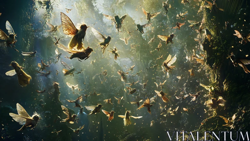 Iridescent forest sprites surge upward through radiant mist