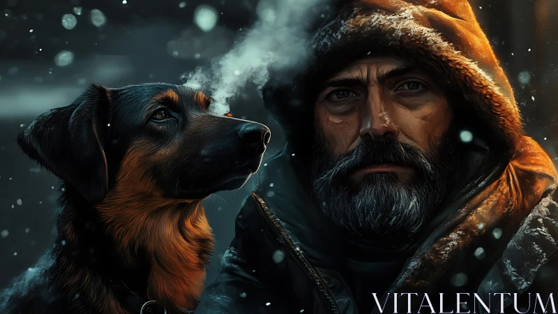 Dog and bearded man in heavy winter snow at night.