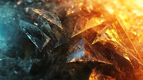 Shattered crystal shards under fiery and icy lighting contrast.