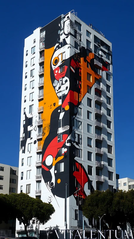 High-rise facade mural with bold abstract graphic forms