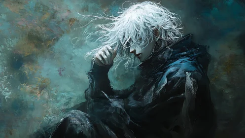 White-haired figure broods in teal storm of tangled brushstrokes.
