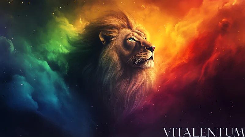 Lion profile within multicolored nebula-like cloud field.