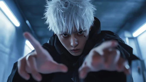 White-haired cyber rebel reaches toward viewer in neon gloom