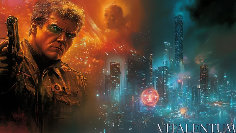 Grim cybernetic detective over neon-drenched megacity skyline.