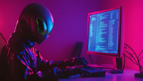 Alien figure coding at desktop in neon lit workspace.