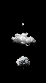 Isolated white tree beneath cloud and moon on black sky.
