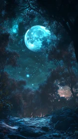 Luminous Moon Above Enchanted Forest Valley.