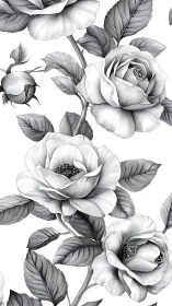 Delicate Rose Botanicals: Monochromatic Pencil Study with Layered Blooms.