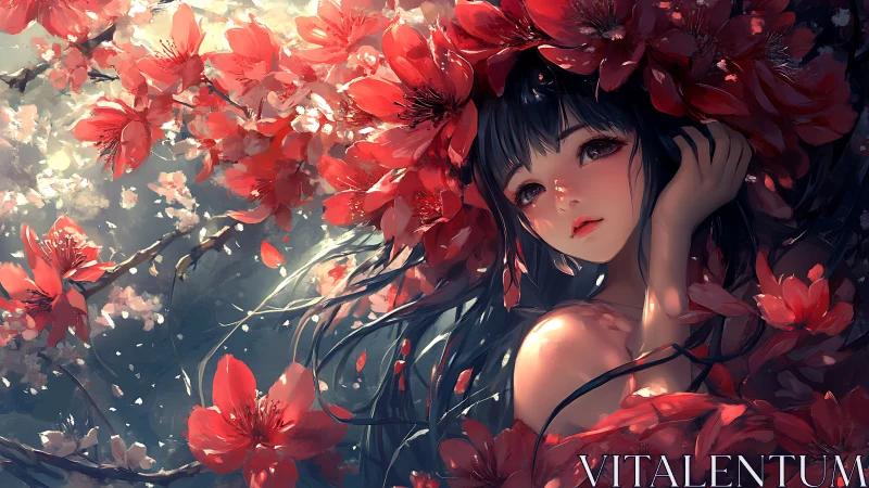 Anime girl surrounded by vivid red blossoms in soft light.