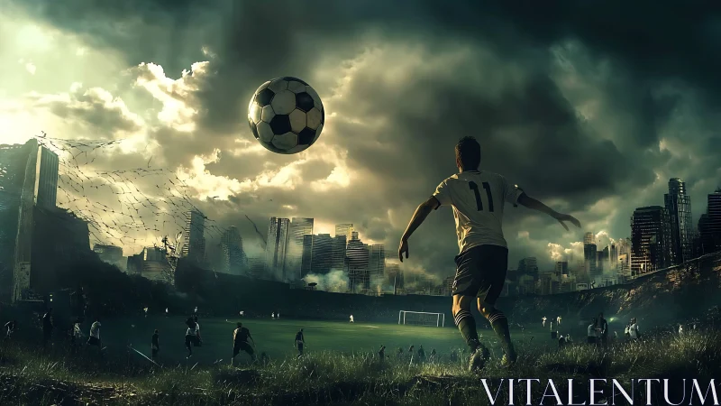 Soccer player watches ball in dramatic urban storm sky