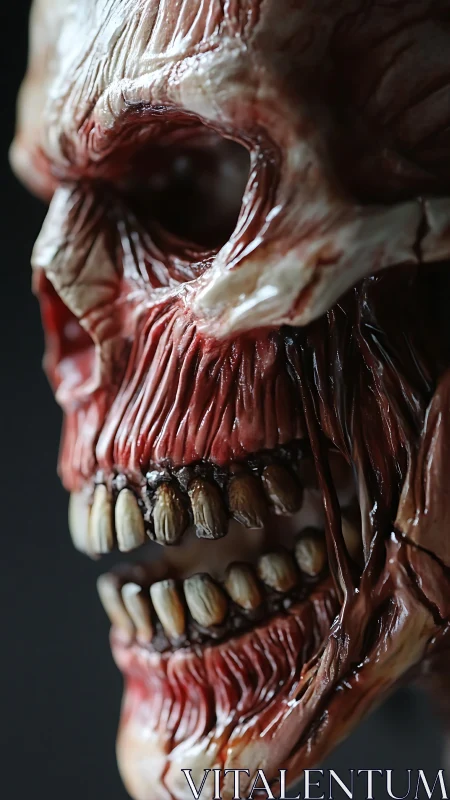 Grotesque exposed skull snarls in hyper-real horror close-up