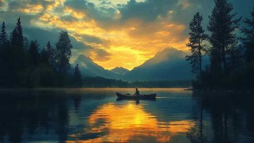 Quiet lake sunrise with a lone boat and glowing mountains.