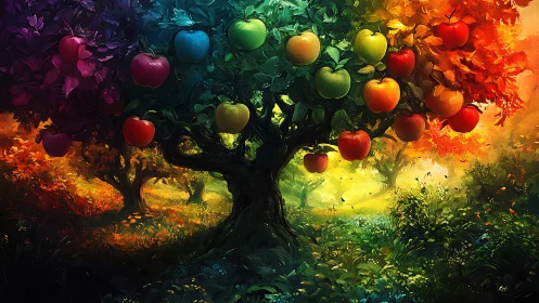 Tree displays multicolored apples across a vivid gradient grove