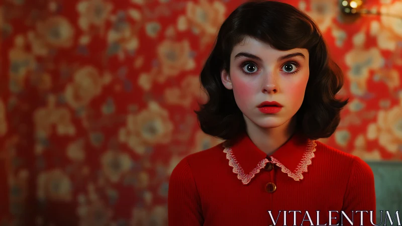 Stylized girl with wide eyes against defocused red floral wallpaper
