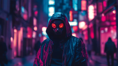 Hooded masked figure with neon reflective goggles in cyberpunk alley