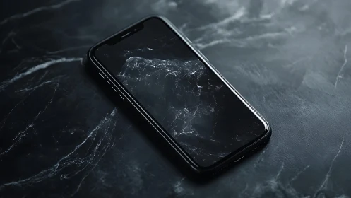 Black Smartphone Display with Fractured Screen on Dark Marble Surface