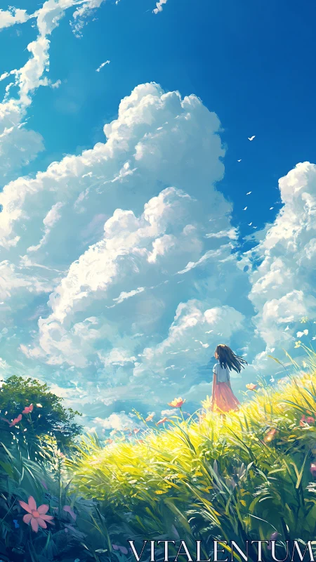 Sunlit hillside welcomes a dreaming girl under vast bright skies