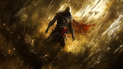 Hooded rogue descending through luminous particulate vortex.