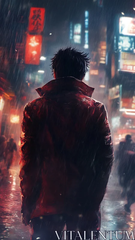 Lone figure in red coat under neon rain at night.