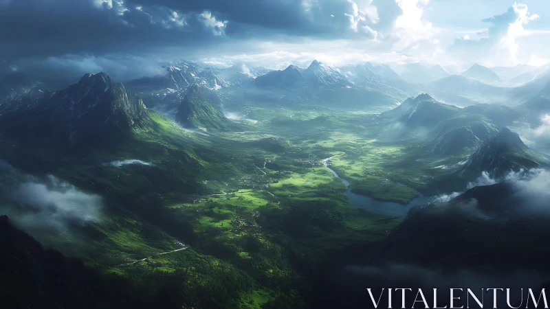 Digital painting of luminous alpine valley under storm clouds.