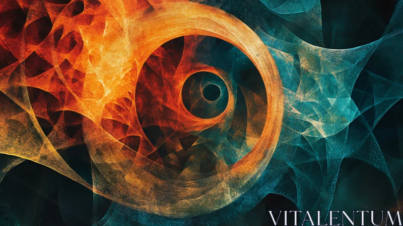 Spiral fractal rings in orange and teal abstract field.