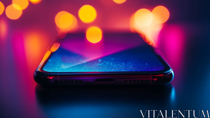 Modern smartphone closeup with colorful bokeh lights.