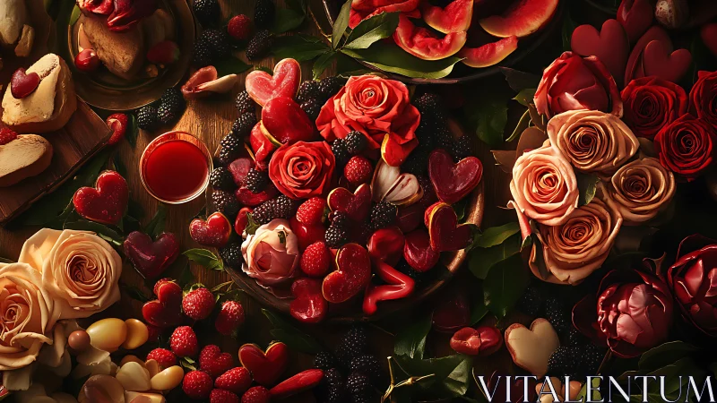 Overhead arrangement of roses, berries, and decorative hearts on wooden surface.