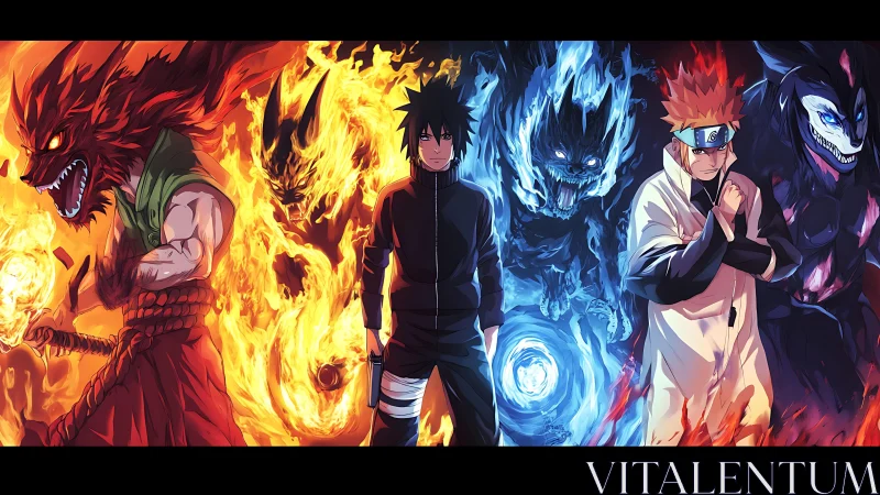 Elemental warriors flanked by fiery and icy demons duel.