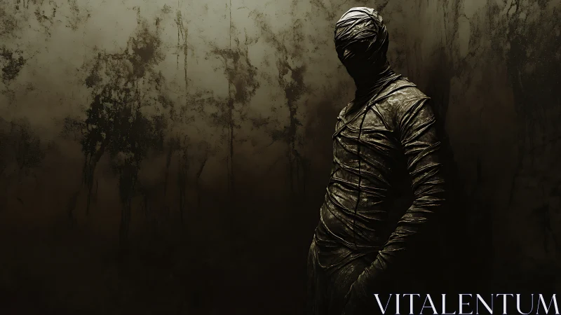 Wrapped humanoid figure in grungy corner under low key lighting