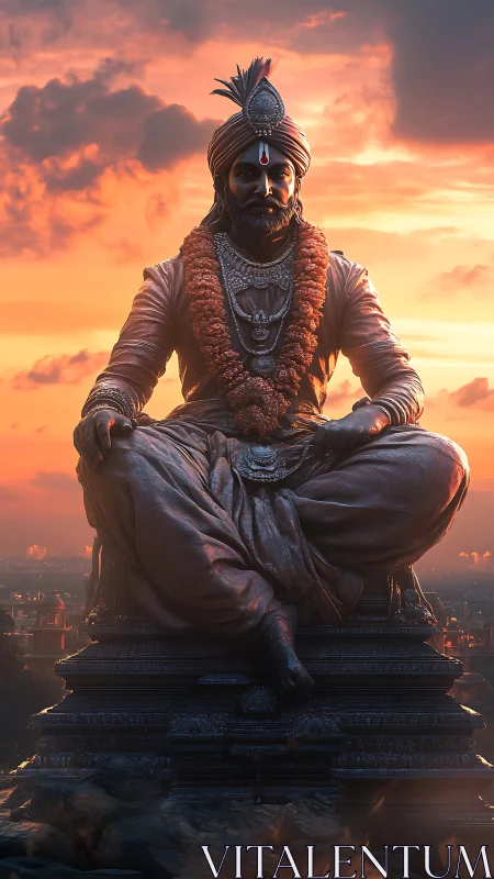 Seated regal statue on pedestal at sunset over cityscape.