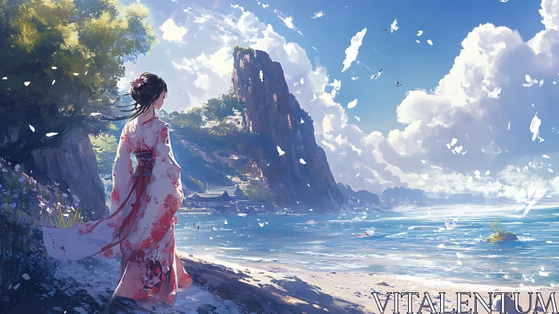 Woman in kimono stands on bright coastal cliff shore.