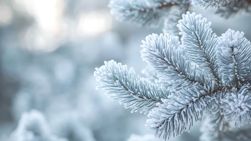 Frost covered evergreen needles extend sharply into soft focus