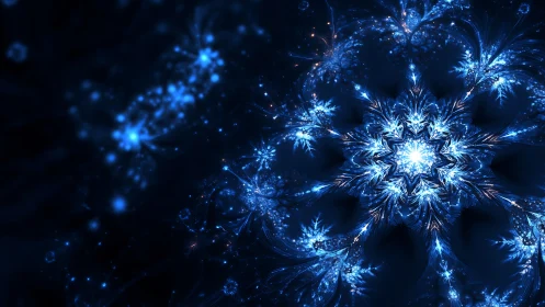 Radiant fractal snowflake blooming in deep cosmic blue.