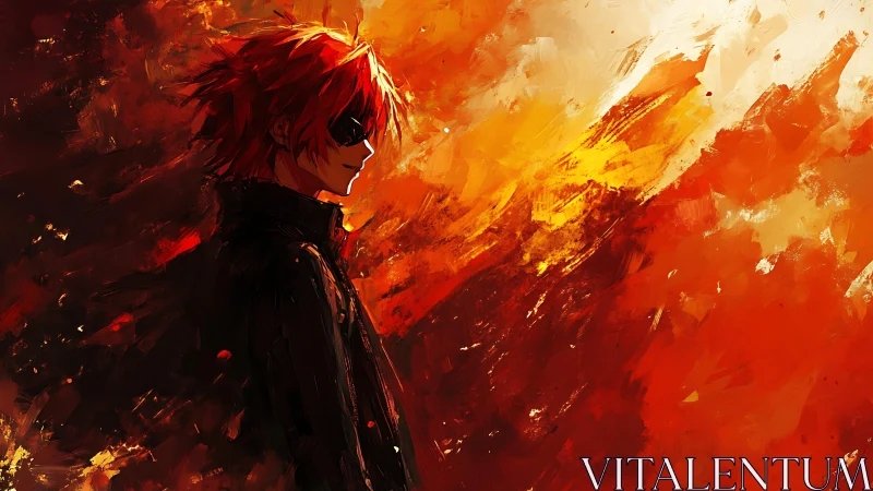 Red-haired lone figure stands against blazing abstract inferno.